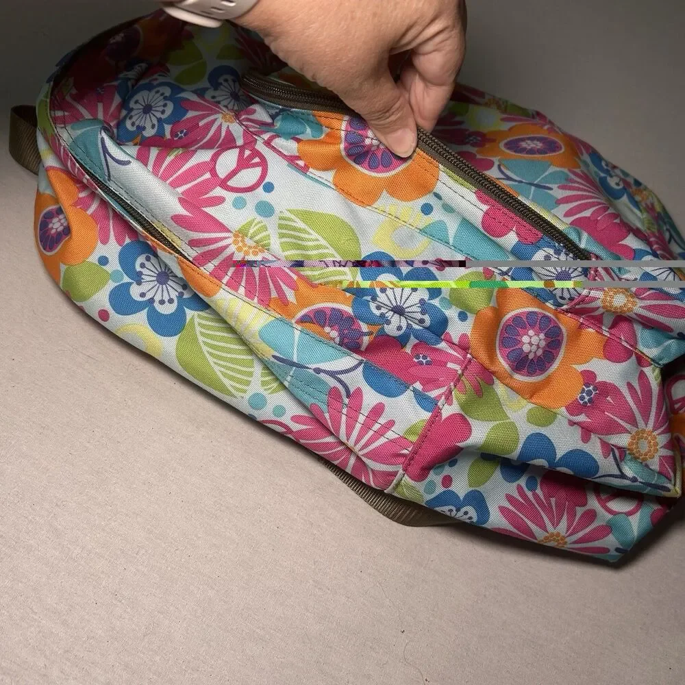 L.L.Bean multicolor floral backpack, vibrant retro flower, silver reflective